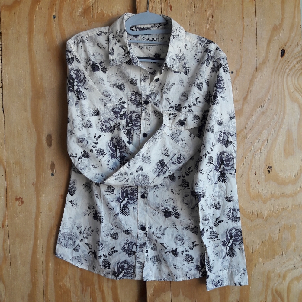 White buttondown dress shirt with black flowers